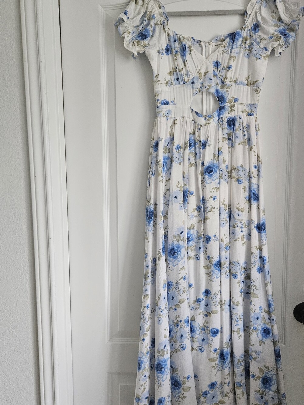 Altar'd State White Maxi Dress with Blue Floral Print